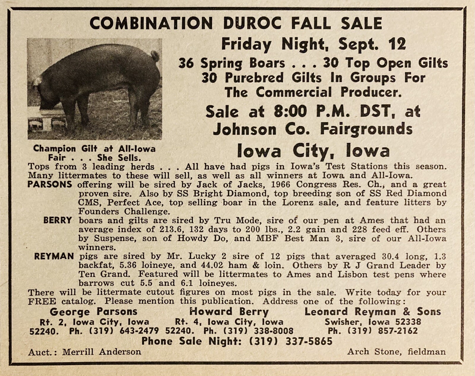 1969 AD.(XH79)~COMBINATION DUROC SALE, JOHNSON CO. FAIRGROUNDS, IOWA CITY, IA