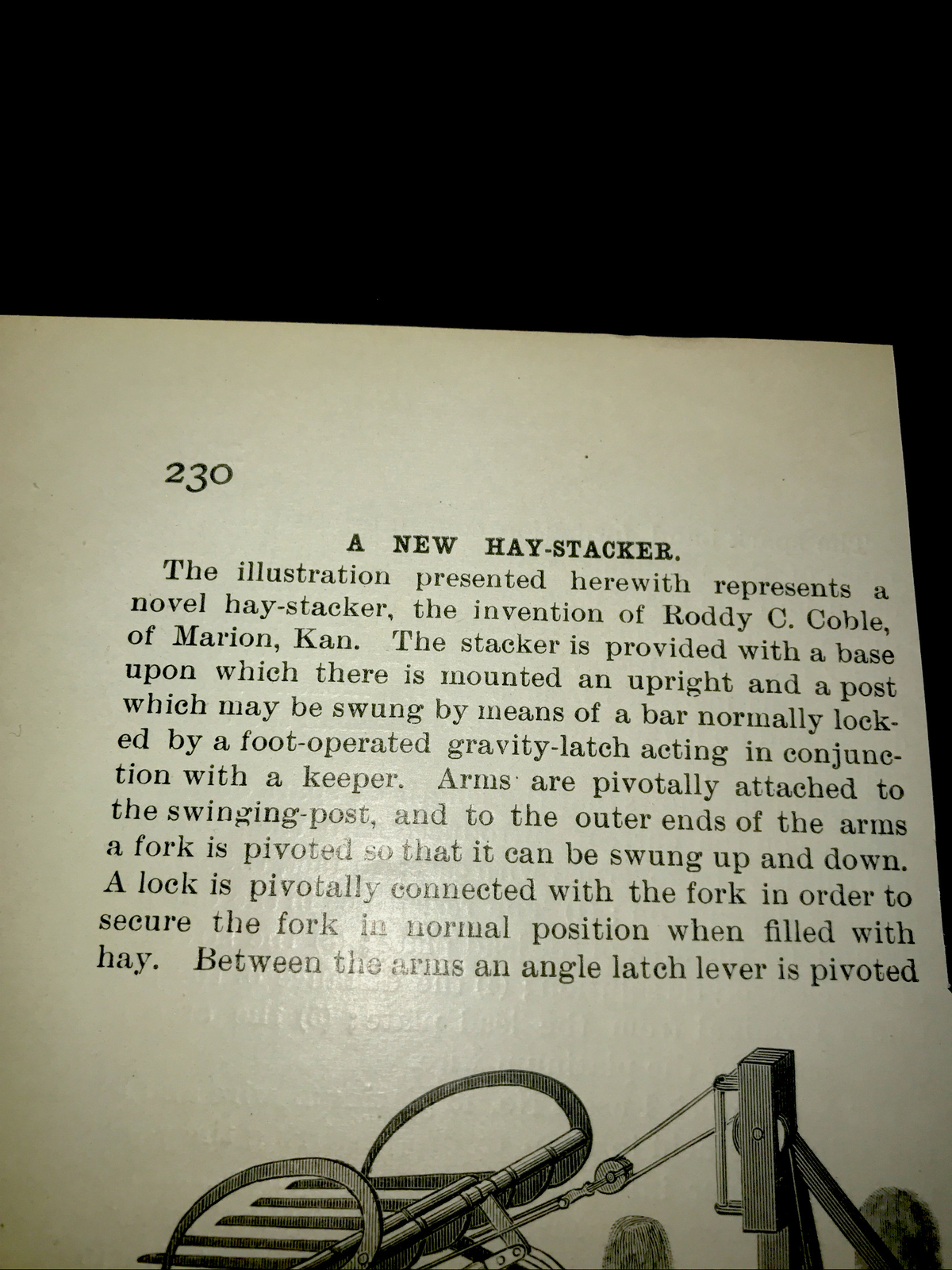 1899 Coble Hay Stacker Farm Engraving Advertising & Article – Marion – Kansas