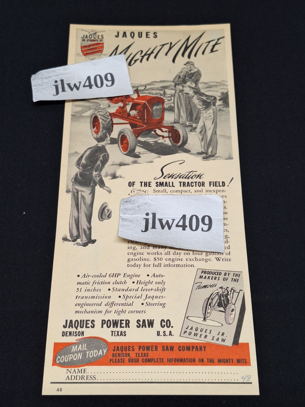 1948 JAQUES MIGHTY MITE TRACTOR Original Print Ad Magazine Ad 5&Prime;x11&Prime;