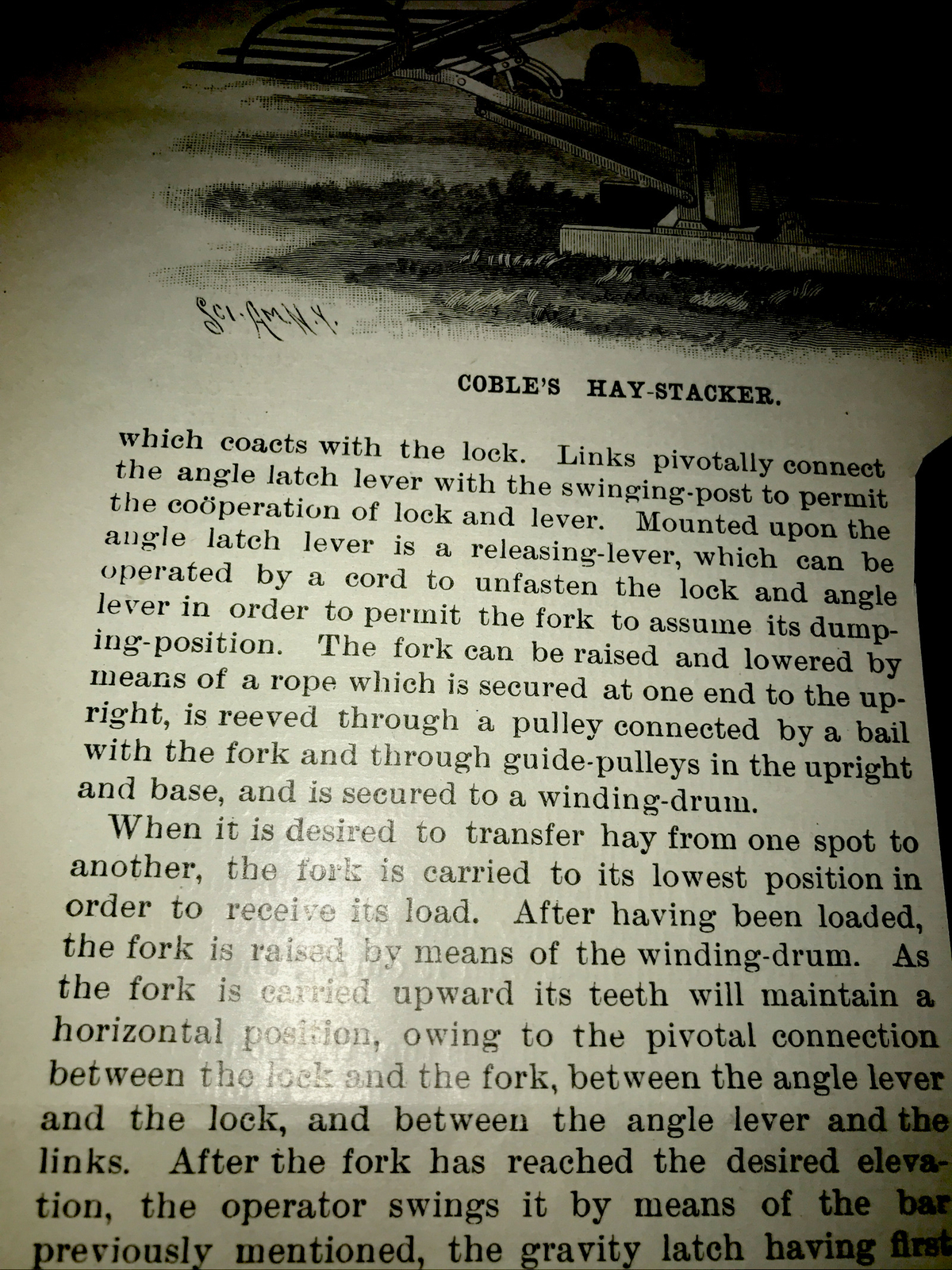 1899 Coble Hay Stacker Farm Engraving Advertising & Article – Marion – Kansas