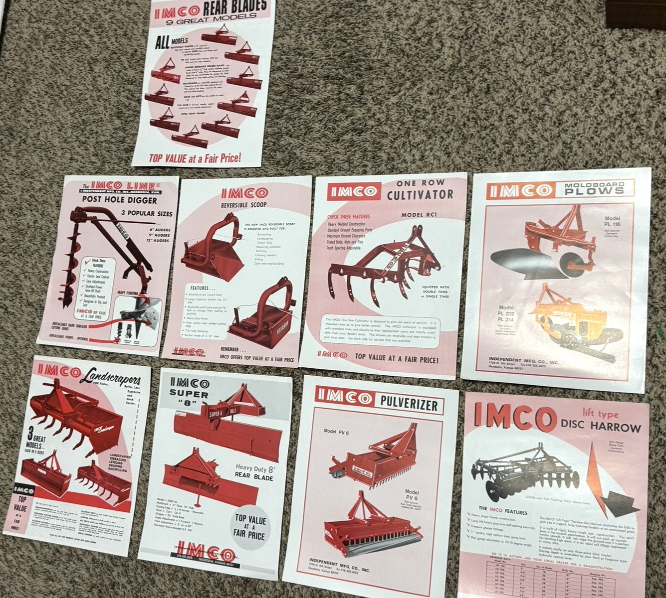 IMCO Brochure Page lot of 9 Farm Equipment Neodesha Kansas red and black ink