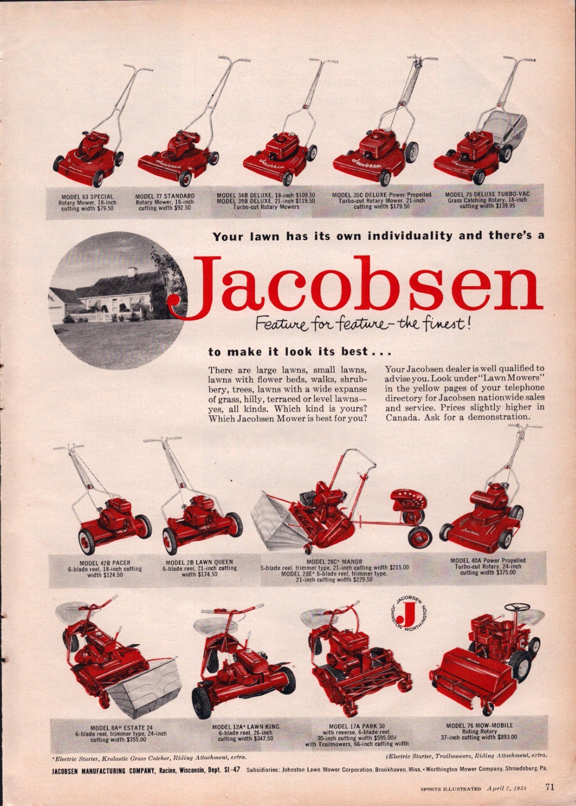 1958 Vintage Print AD – Jacobsen Manufacturing – Lawn Mower Corp. – Wall Art