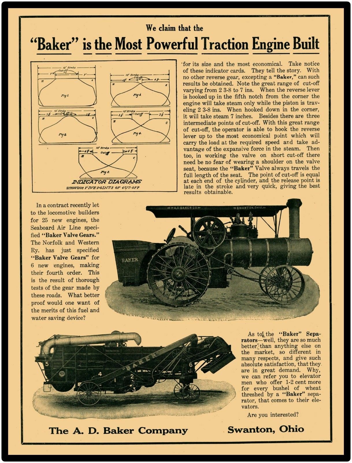 A.D. Baker Steam Traction Engine Swanton, OH New Metal Sign: LARGE SIZE 12 X 16