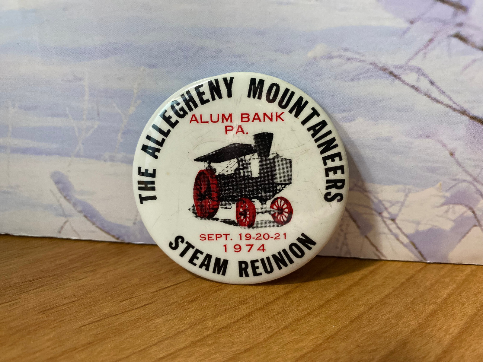 Vintage ALLEGHENY MOUNTAINEERS STEAM REUNION Pin 1974 ALUM BANK PA Engine Show