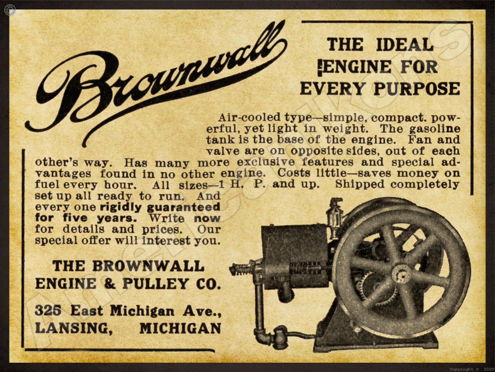 1912 Brownwall (Gas) Engine & Pulley Co. New Metal Sign: Lansing, Michigan