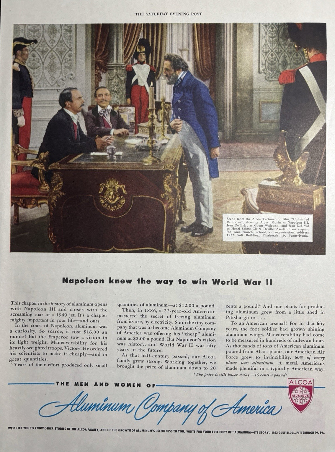 1949 Aluminum Company America Men Women Napoleon WWII Movie Vintage Print Ad