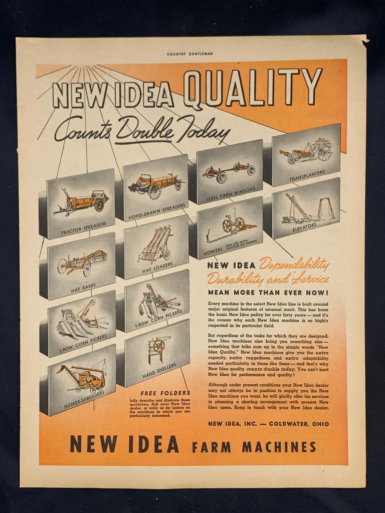 Magazine Ad* – 1944 – New Idea Farm Machines – World War 2 – Coldwater, OH