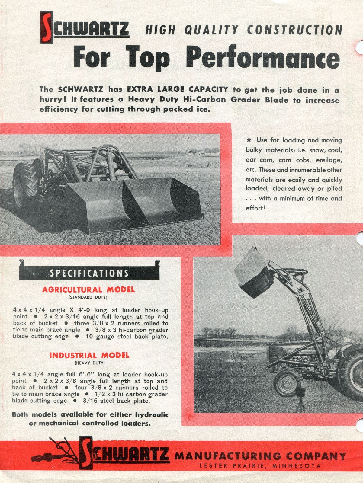 1960&rsquo;s Print Ad Brochure of ER Schwartz Tractor Utility Bucket Tuffy & U34