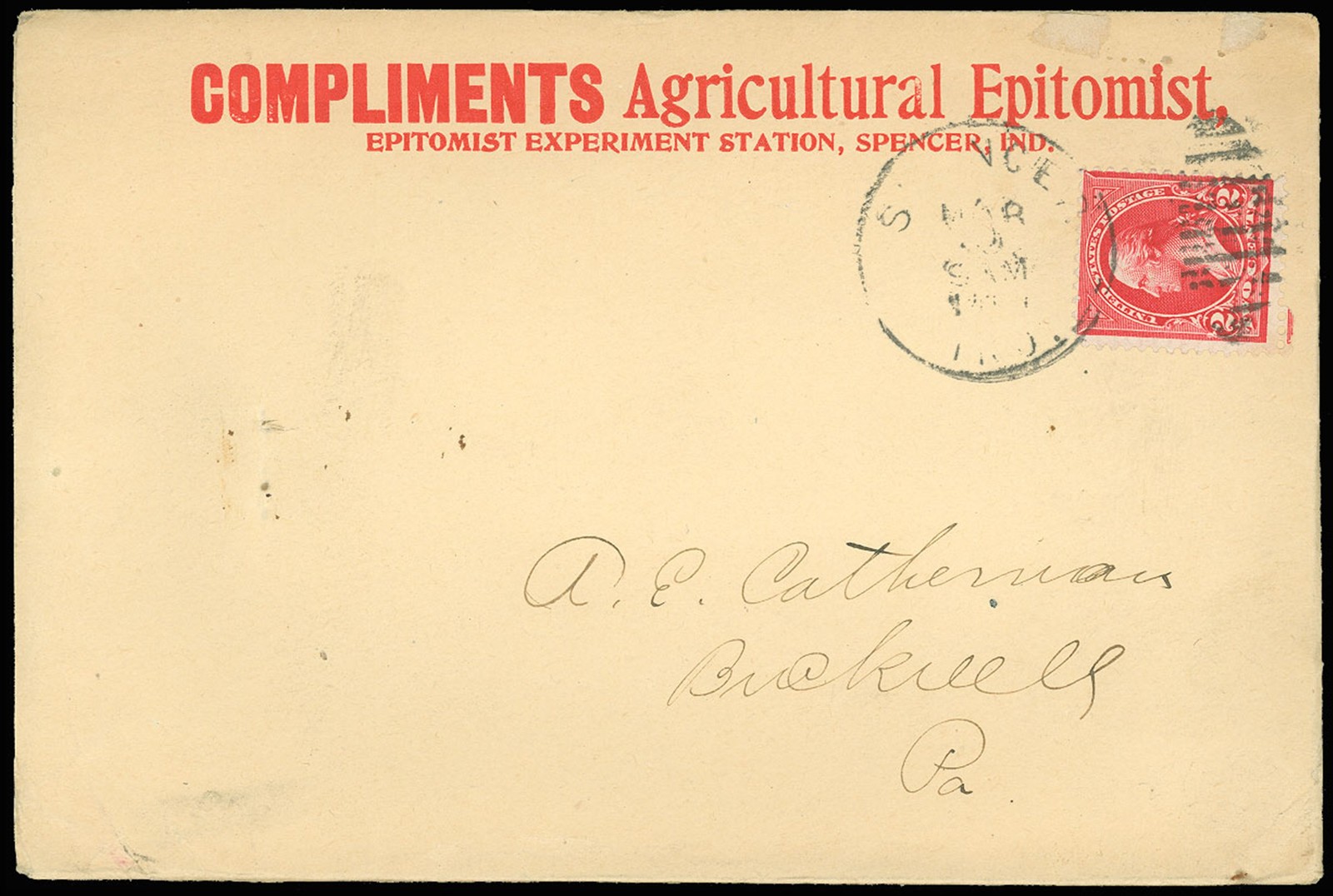 1899c SPENCER INDIANA CDS, COMPLIMENTS AGRICULTURAL EPITOMIST ADVERT COVER, #267