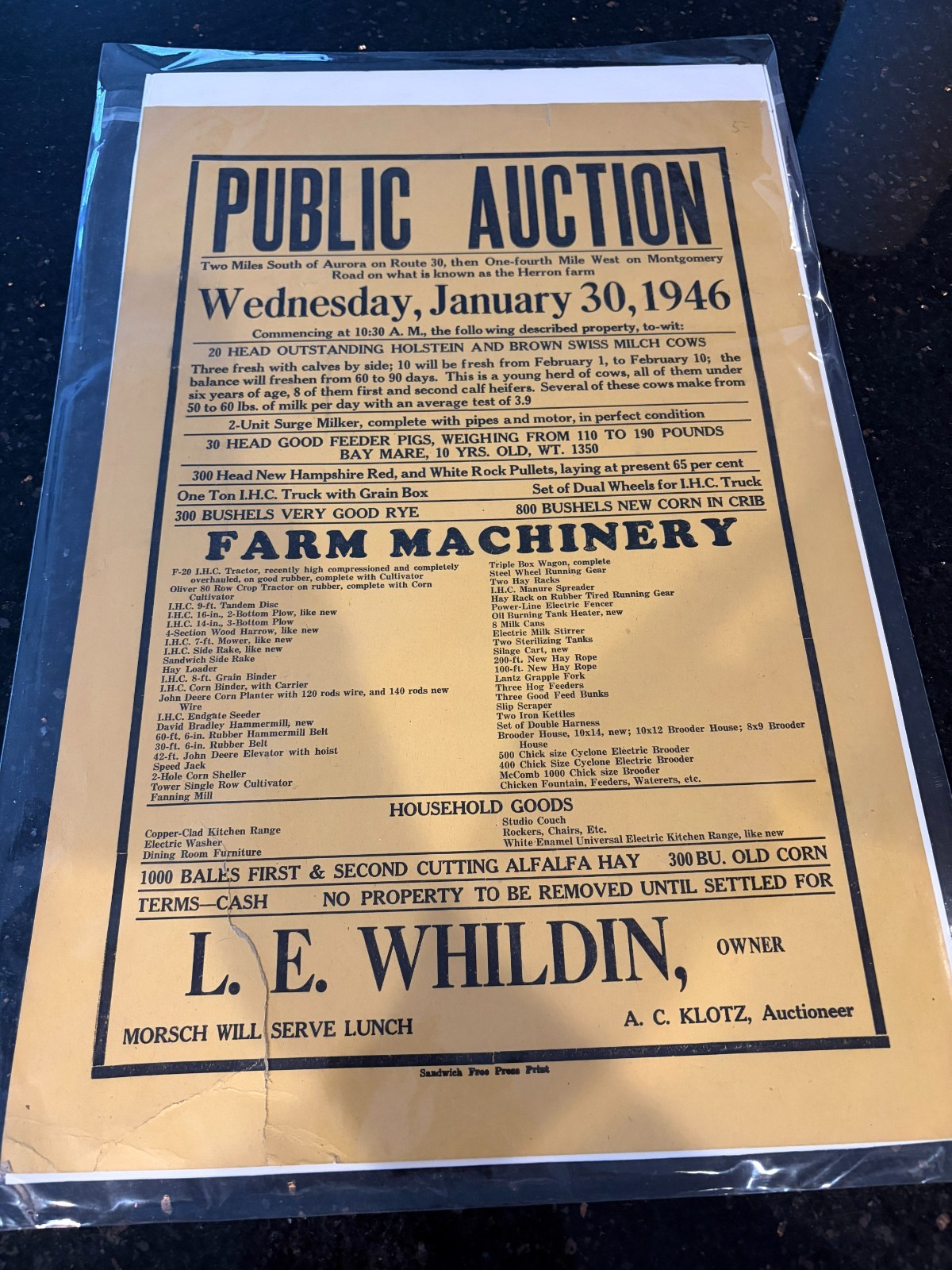 Vintage 1946 Sale Bill Public Auction Sign Paper Farm Machinery Cows Illinois