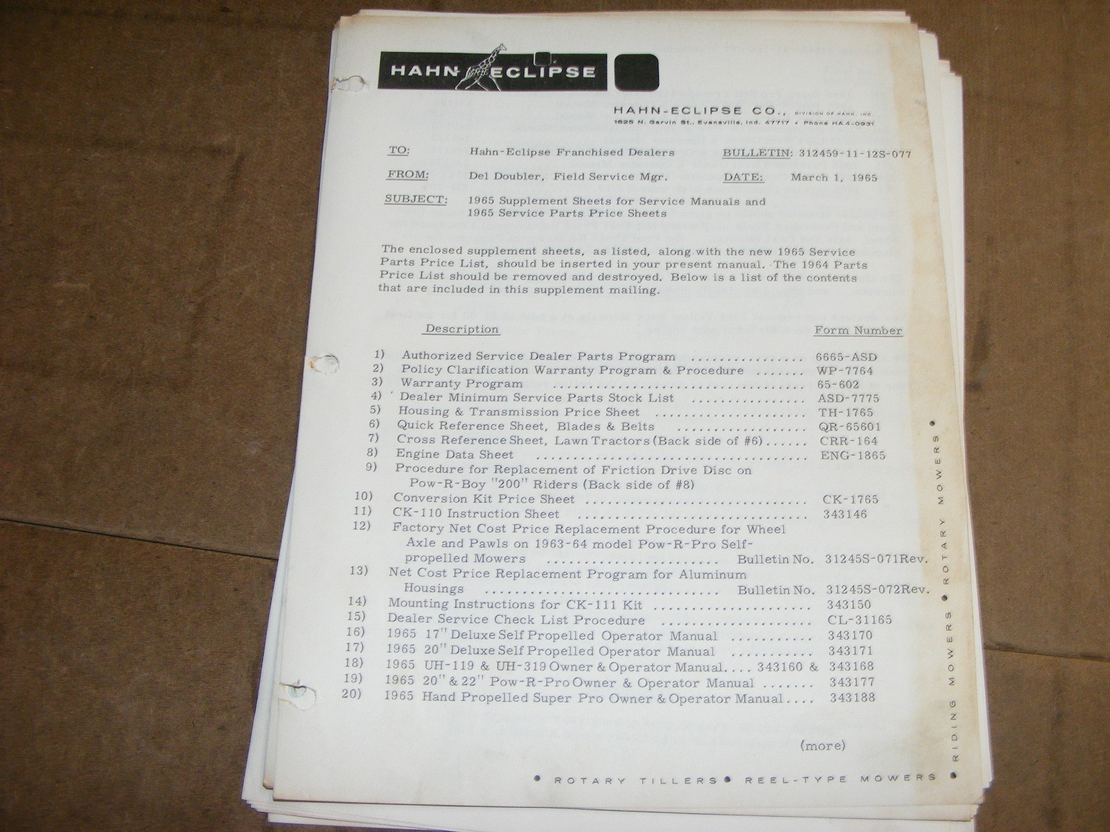 1960s Hahn Eclipse Mower Master Parts Catalog Maintenance Manual