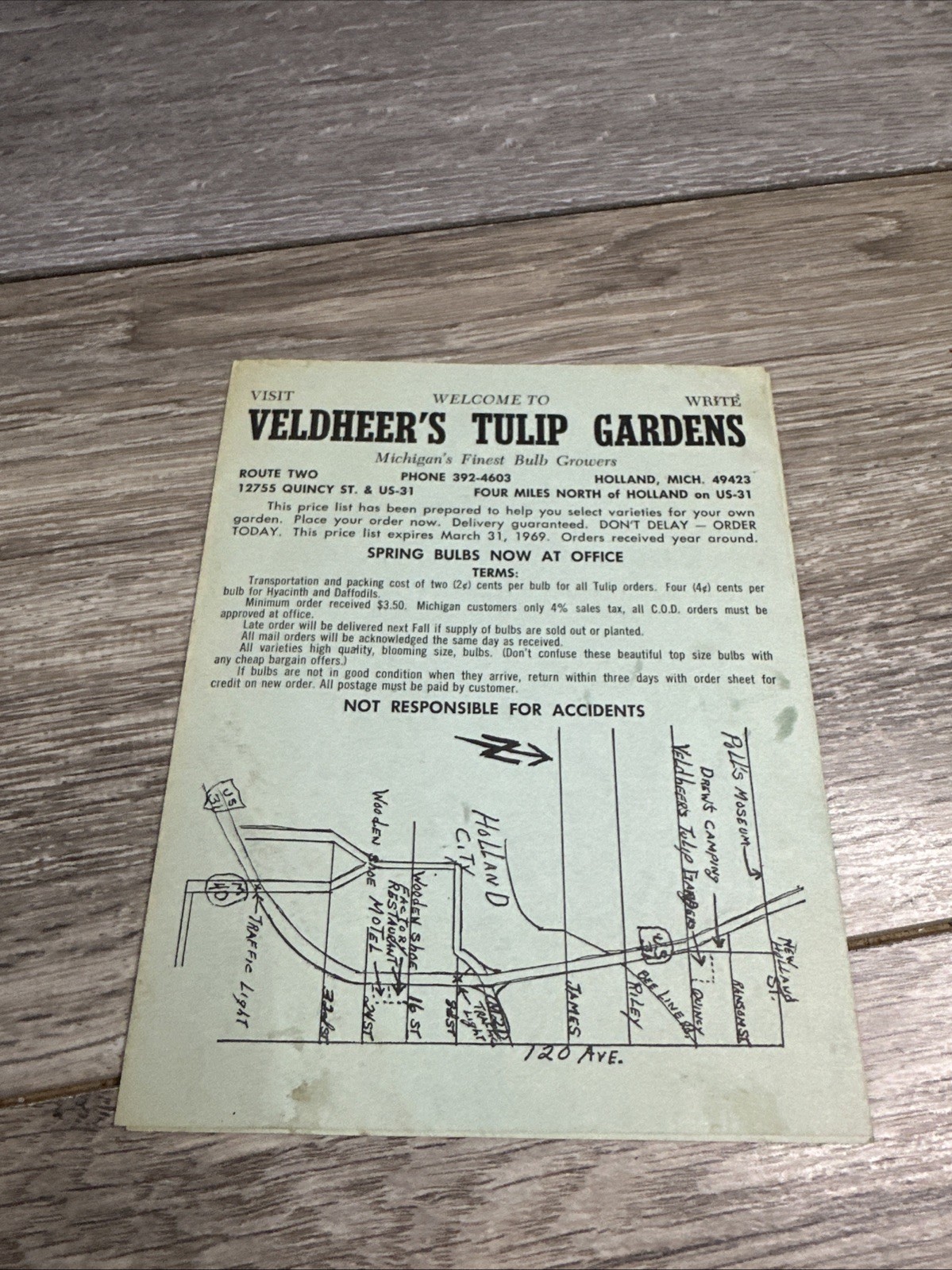 1969 Veldheer’s Tulip Gardens Holland Mich Price Flyer