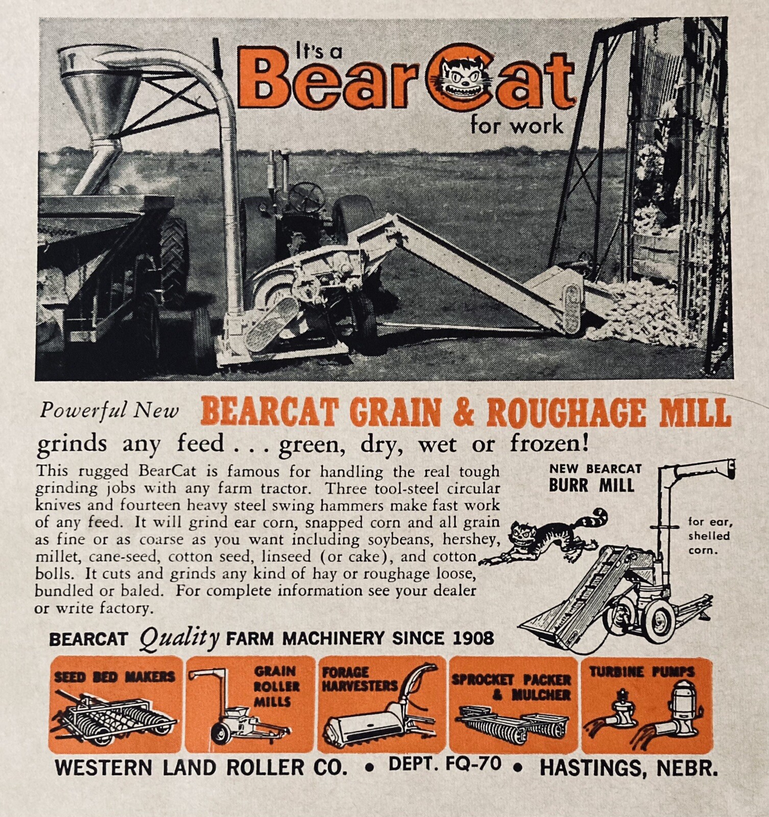 1962 AD.(XH20)~WESTERN LAND ROLLER CO. HASTINGS, NE. BEARCAT GRAIN ROUGHAGE MILL