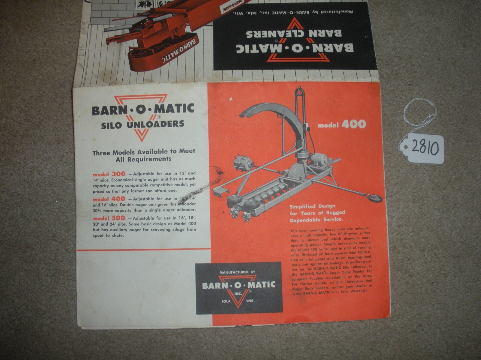 VINTAGE Farm Equipment Brochure – Barn-O-Matic – 300 400 500 – Silo Unloaders