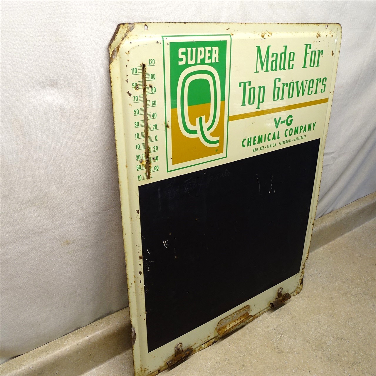 Vintage Super Q Fertilizer Sign Therm, V-G Chem. Co. Ag-Farm Ad, Metal 18&Prime; X 24&Prime;