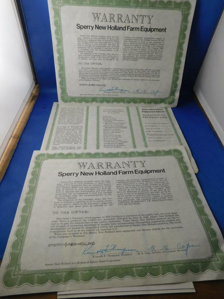 SPERRY NEW HOLLAND FARM EQUIPMENT WARRANTY CERFICATES LOT 3 VINTAGE 1 FRENCH