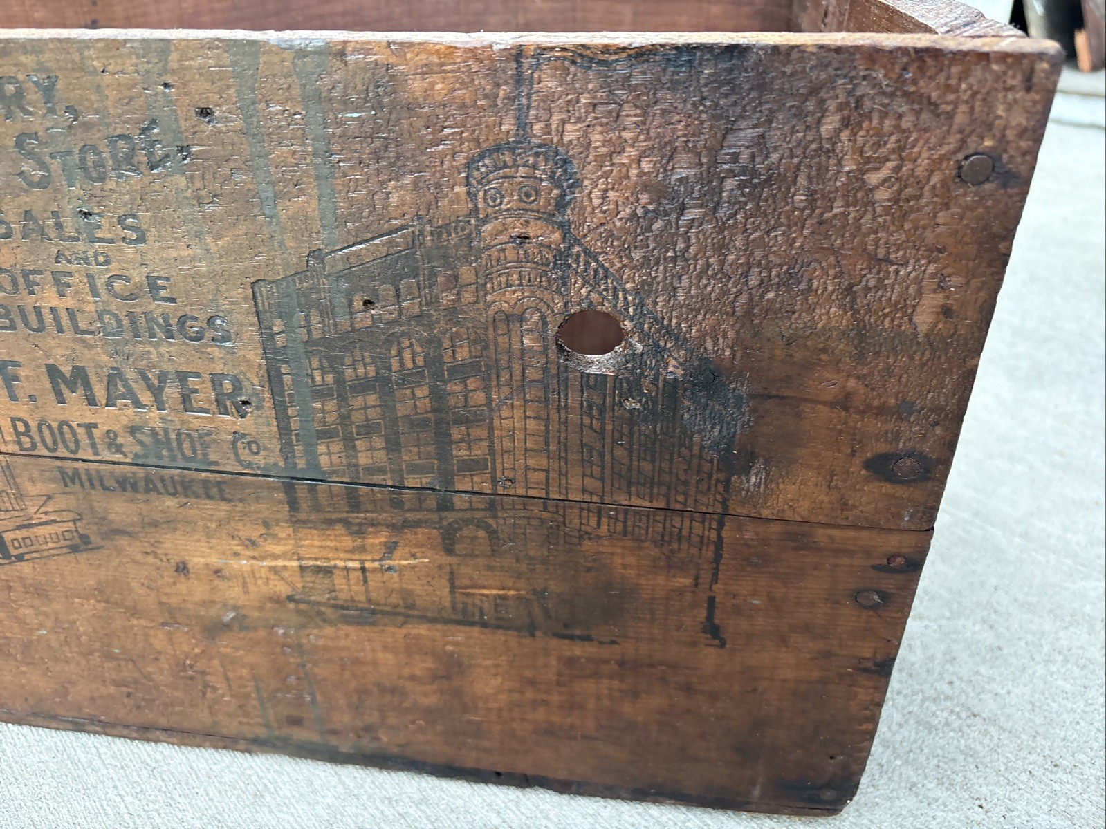 Antique Wooden Crate F. Mayer Boot & Shoe Co Milwaukee Wisconsin Wood Box