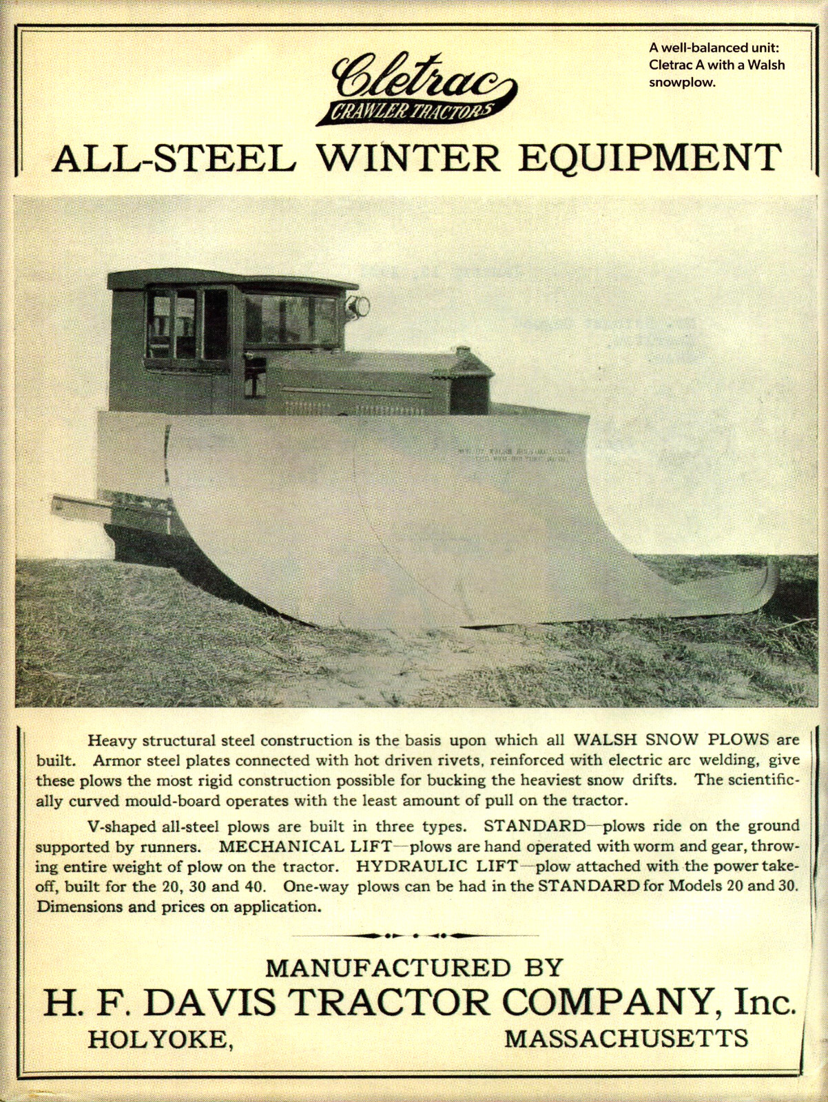 Cletrac Crawler Tractor Walsh Snow Plow Holyoke MA Davis Tractor Print Ad 2022