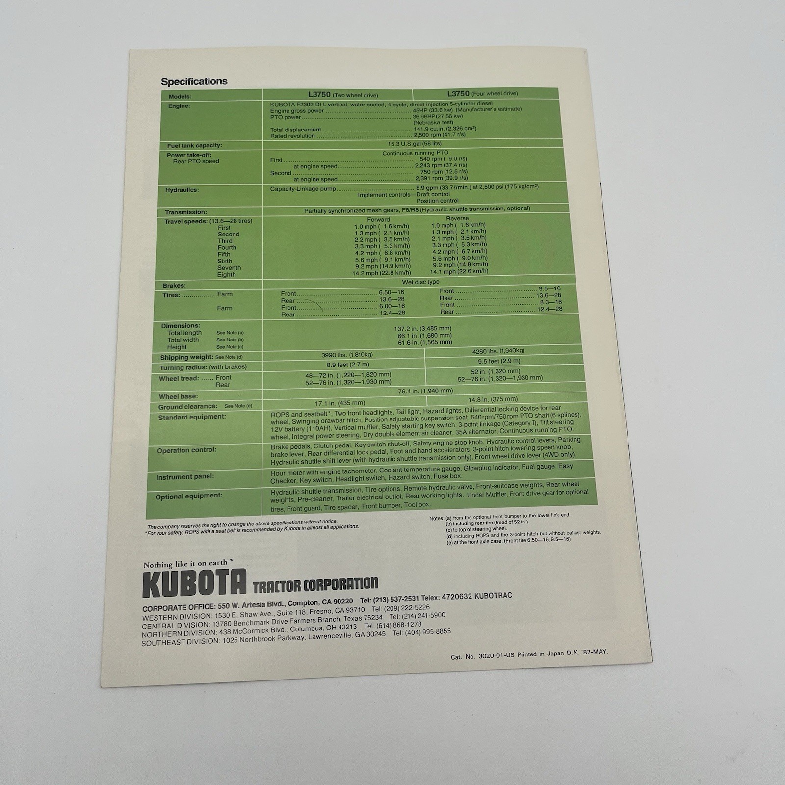 Kubota L3750 Tractor Dealers Brochure Handout Specs Ad Marketing Sheet 1987