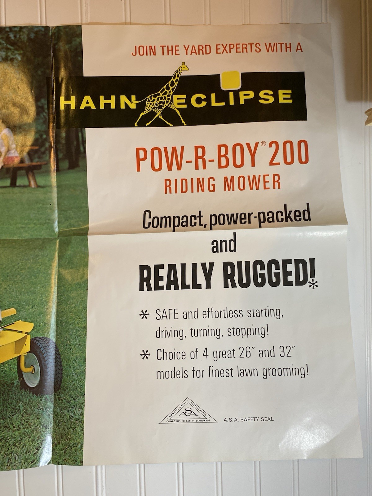 RARE Vintage Hahn Eclipse Pow-R-Boy 200 Riding Mower Advertising Sign 28&Prime;x21&Prime;