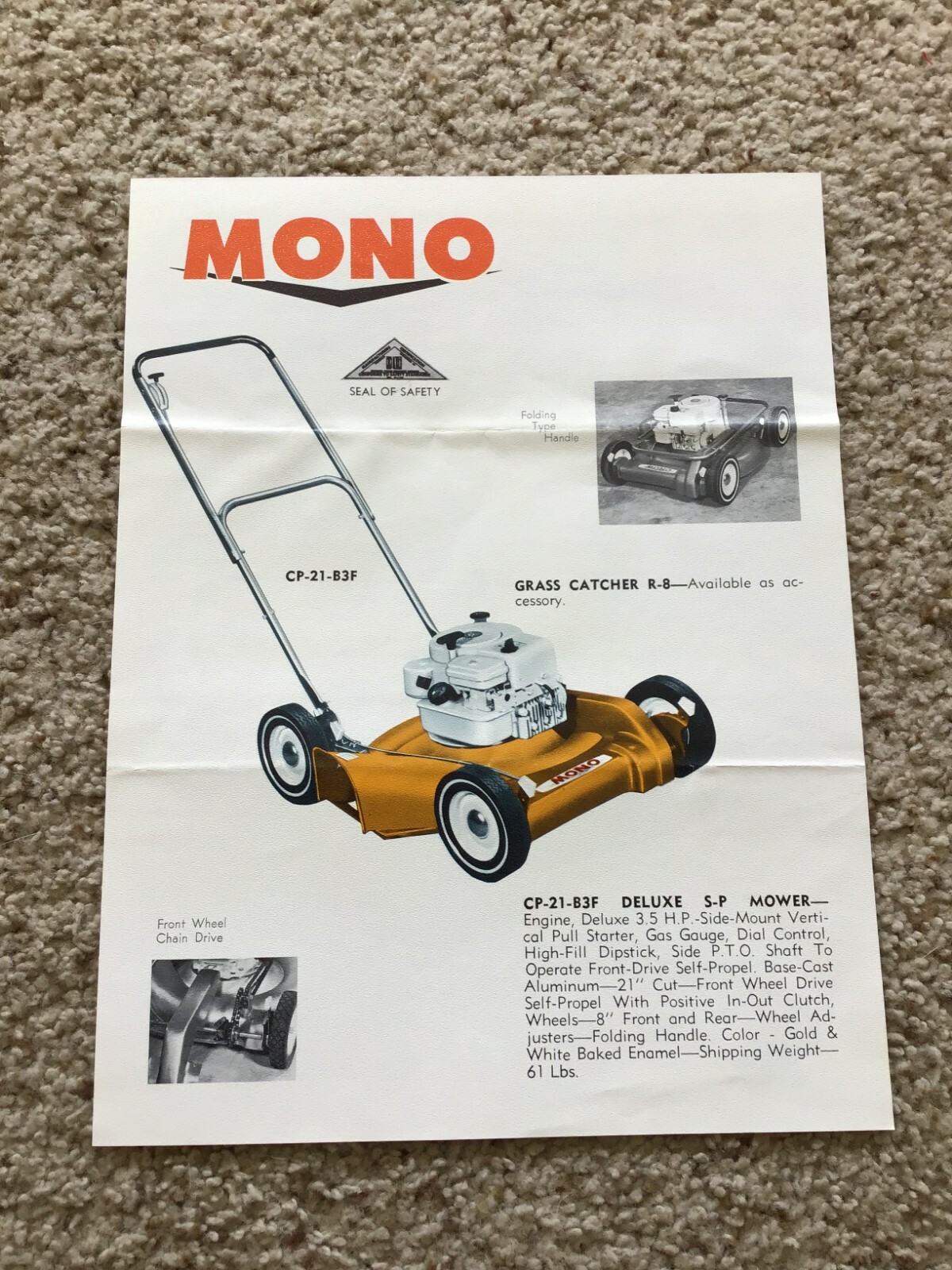 1960s Mono lawn mowers, original sales sheet.