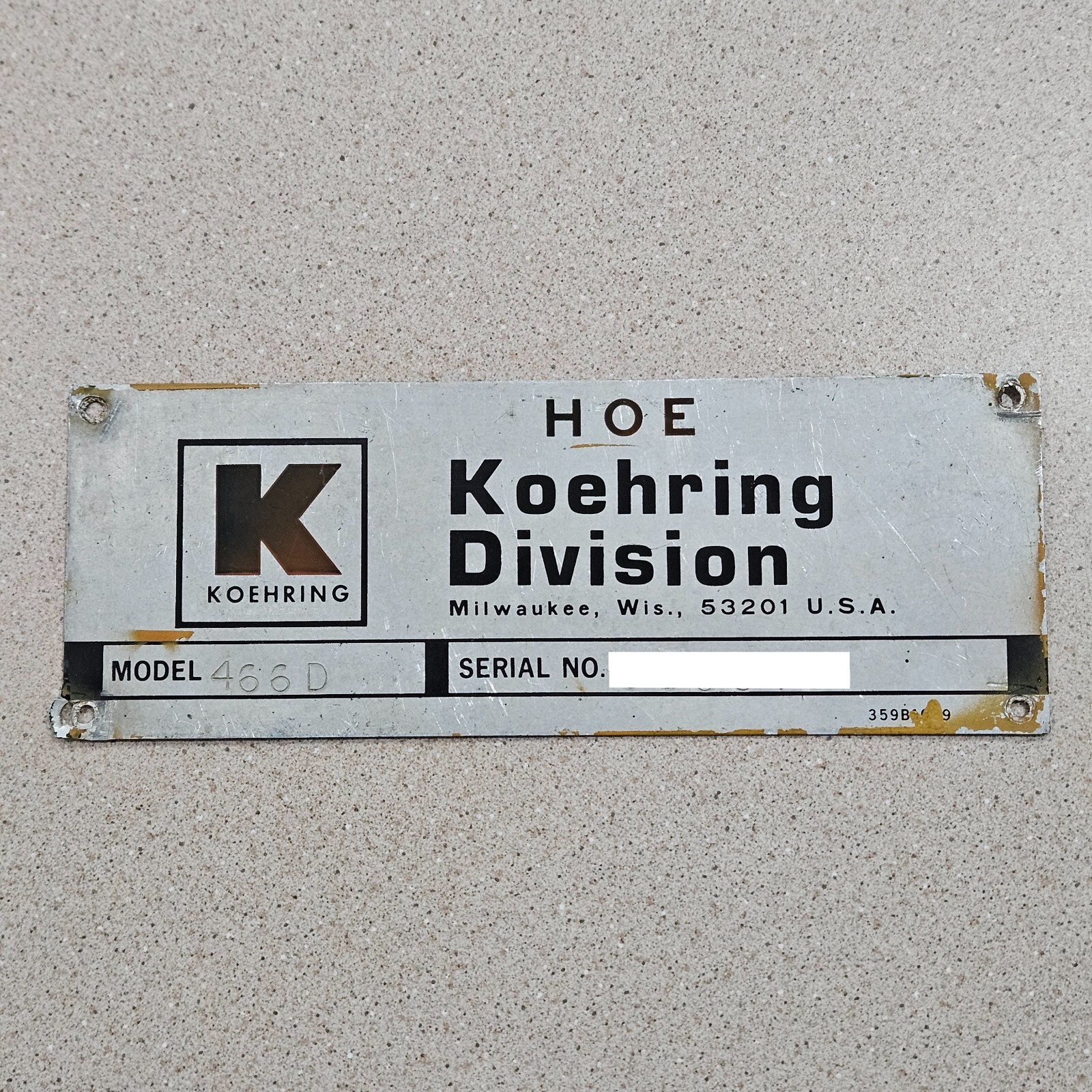 Vintage Koehring Division Milwaukee Excavator Backhoe Metal Data Sign Name Plate
