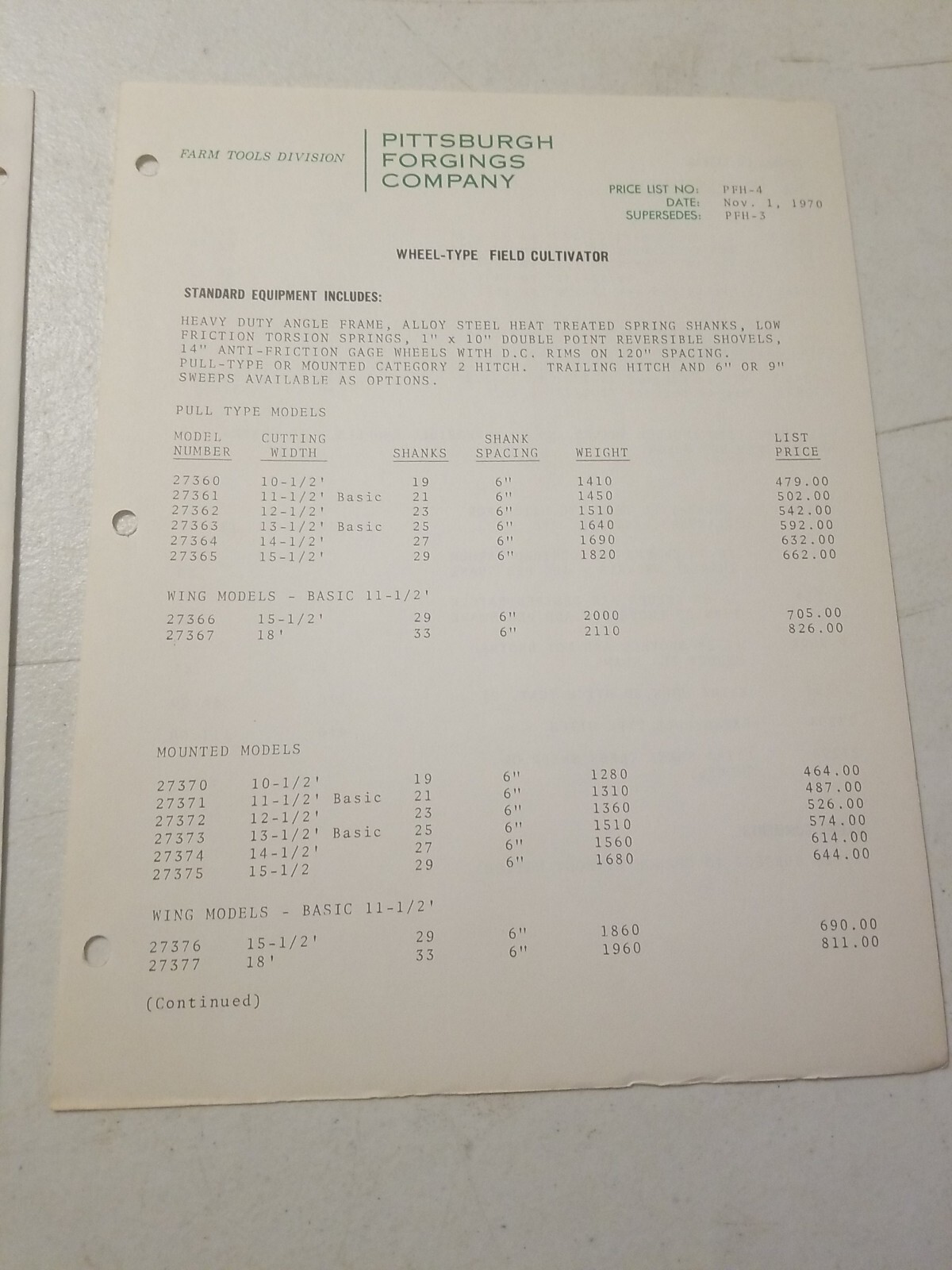 1970 PITTSBURGH FORGINGS CO. WHEEL TYPE FIELD CULTIVATOR BROCHURE & PRICE LIST