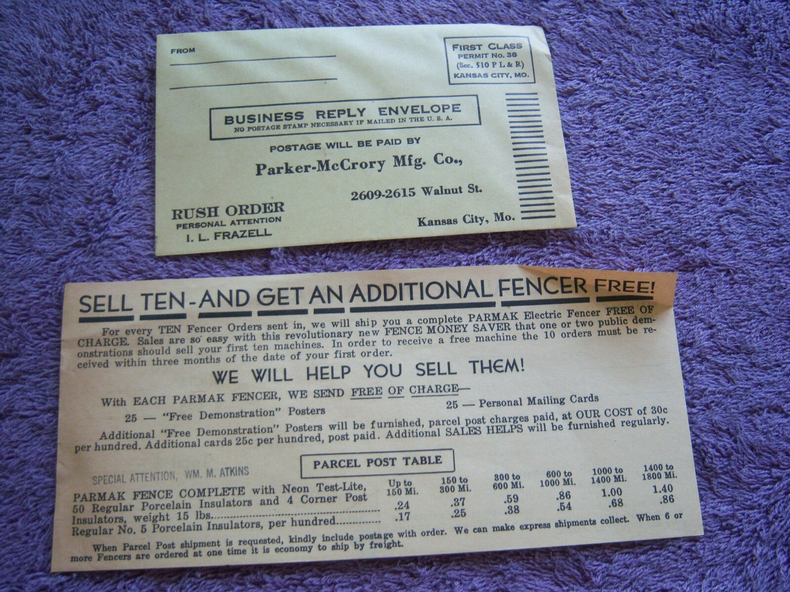 PARKER-McCRORY MANUFACTURING COMPANY ELECTRIC FENCING LETTERHEAD & ADVERTISEMENT