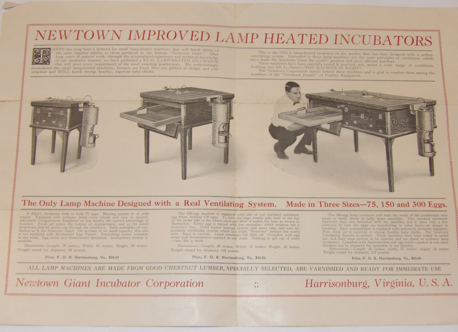VINTAGE 1925 NEWTOWN OIL LAMP-HEATED INCUBATORS BROCHURES! 4 PCS/HARRISONBURG,VA