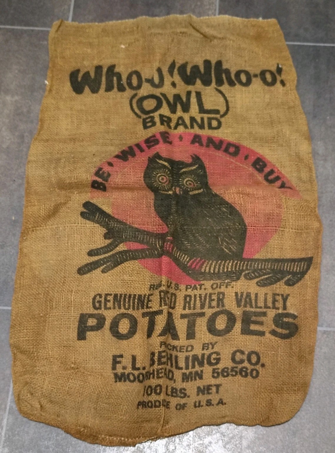 VTG Burlap 100 Lb Who-o! Who-o! (OWL) Brand Potato Sack Good Graphics & Color