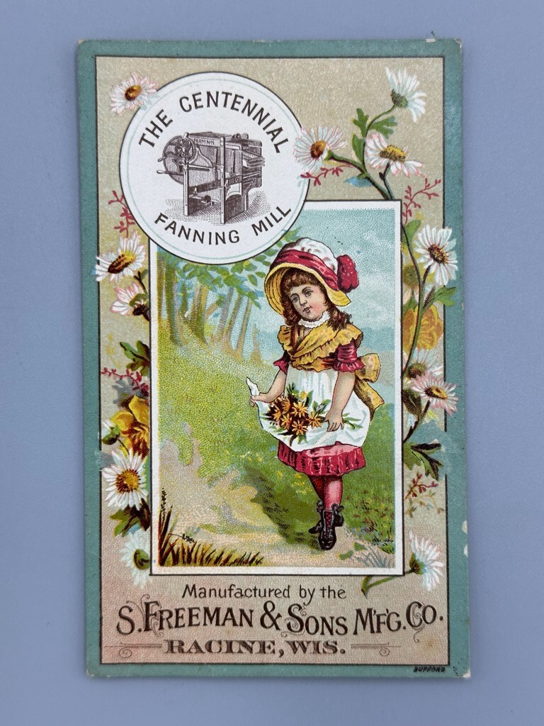1880s CENTENNIAL FANNING MILL Farm Advertising RACINE Wisconsin TRADE CARD
