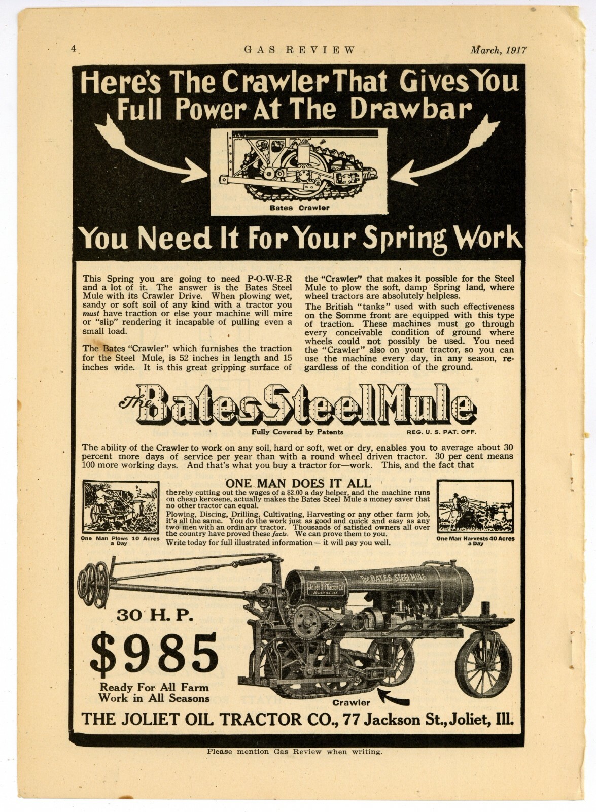 1917 Bates Steel Mule Crawler Tractor Ad: Joliet Oil Tractor Co Joliet, Illinois