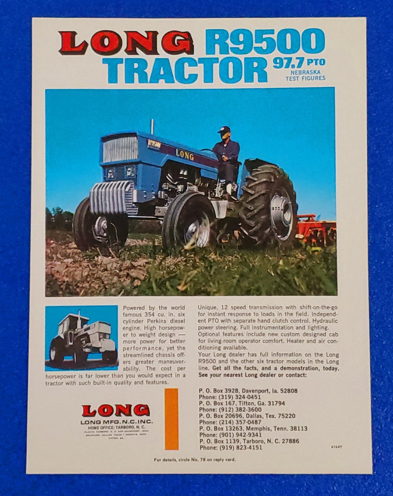 1973 LONG R9500 TRACTOR 354 CU. IN. PERKINS DIESEL ENGINE ORIGINAL PRINT AD