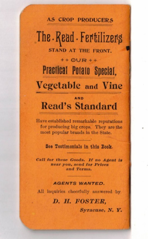 1896 Read Fertilizer Ad Notebook – Syracuse, NY – Writing Inside – 5.4” x 2.6”