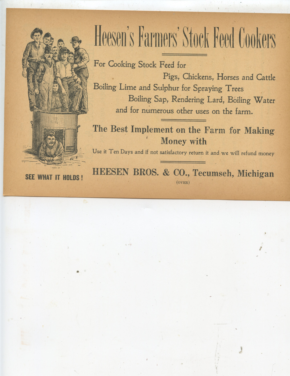 VINTAGE « HEESEN&rsquo;S FARMERS&rsquo; STOCK FEED COOKERS » ORDER FORM (TECUMSEH, MICHIGAN)