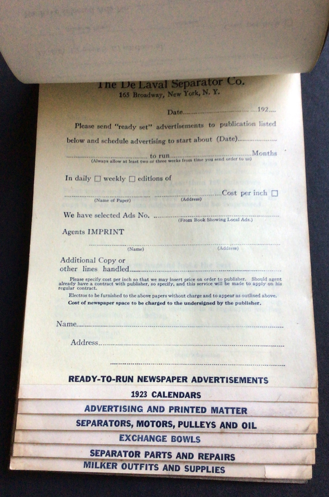 Vtg De Laval Separator co Agents Order Book & Price List