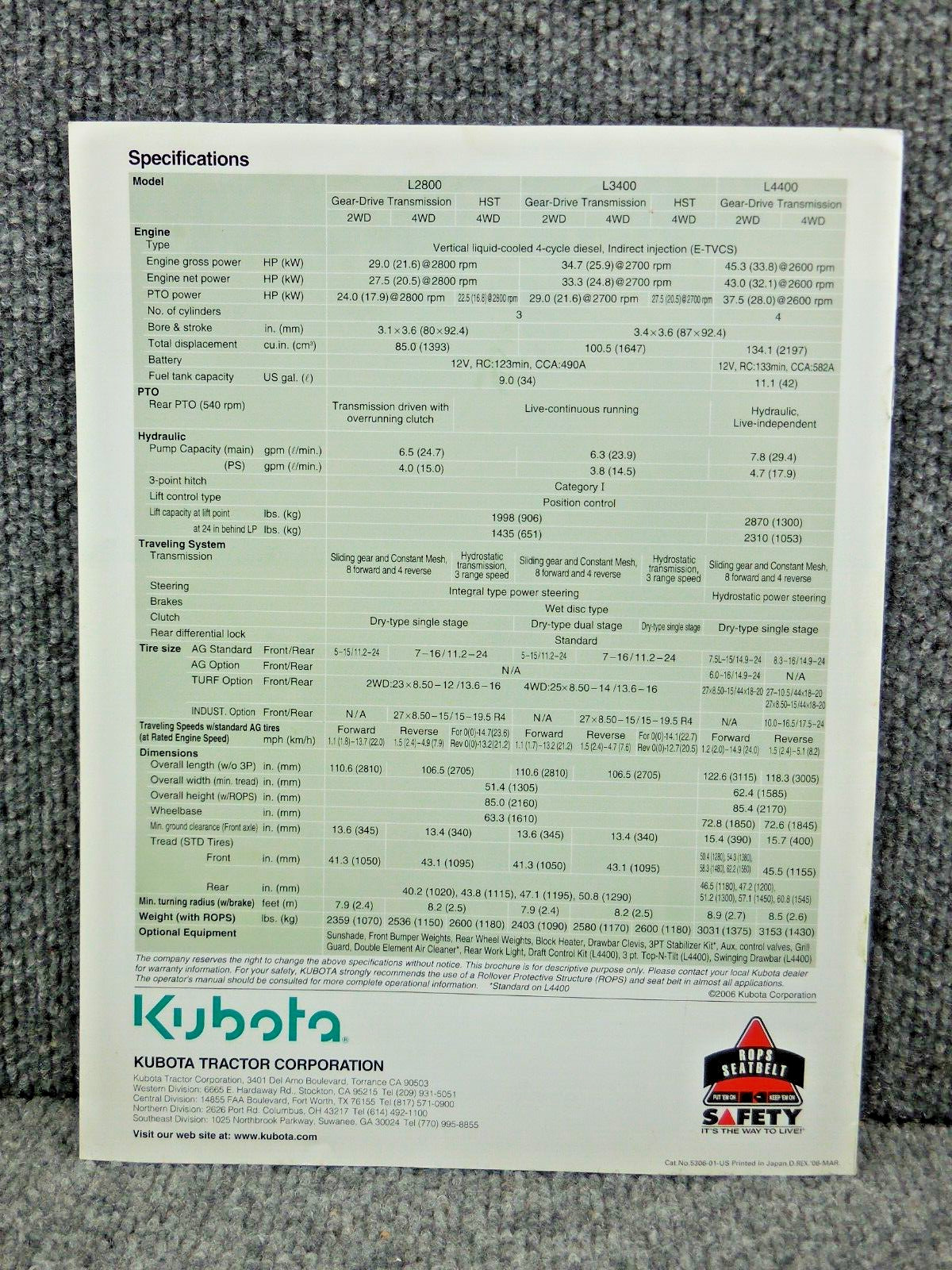 Original Factory Kubota L2800 L3400 L4400 Diesel Tractor Dealership Brochure