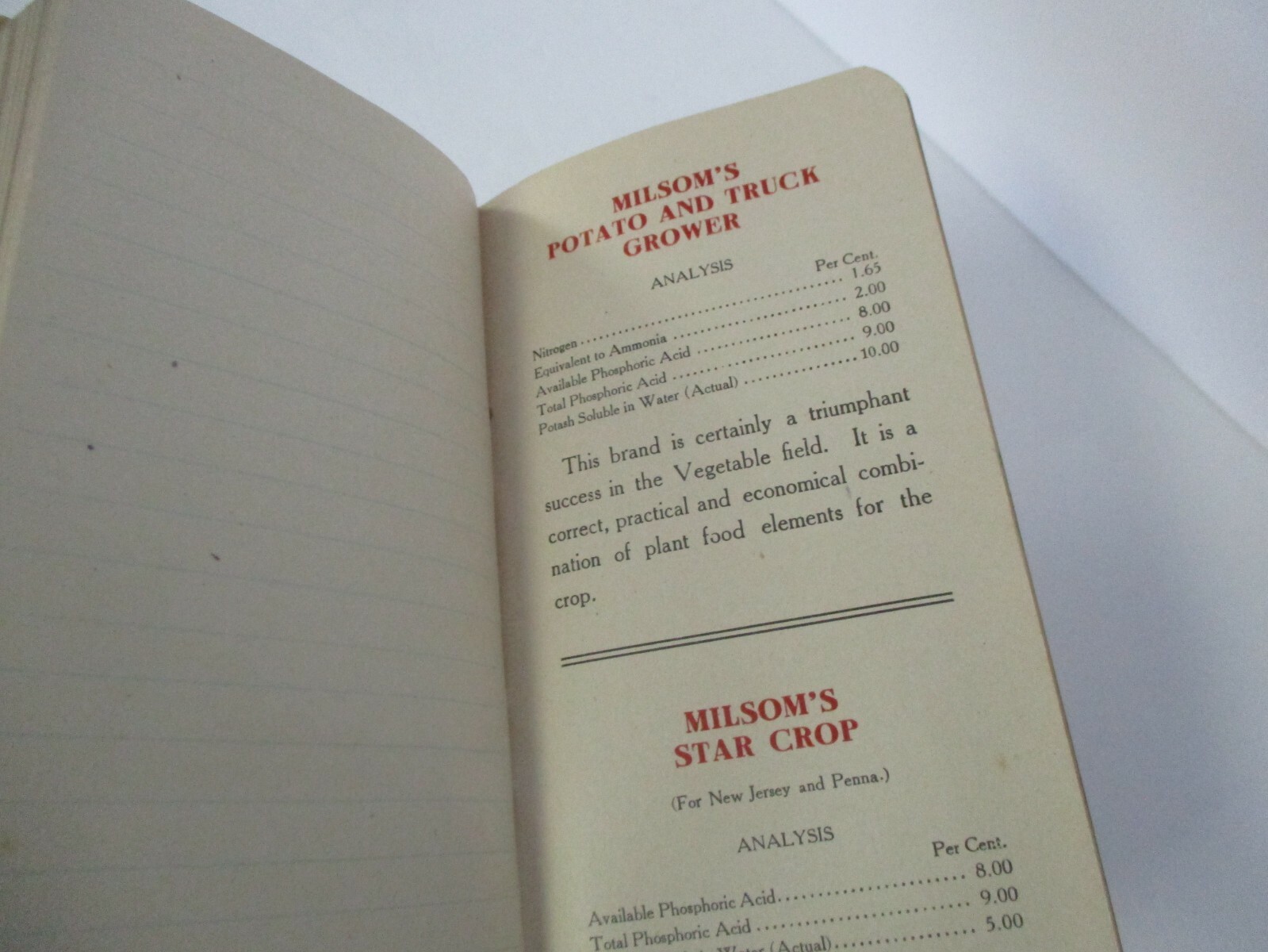 MILSOM FERTILIZERS Advertising Memo Booklet, 1914