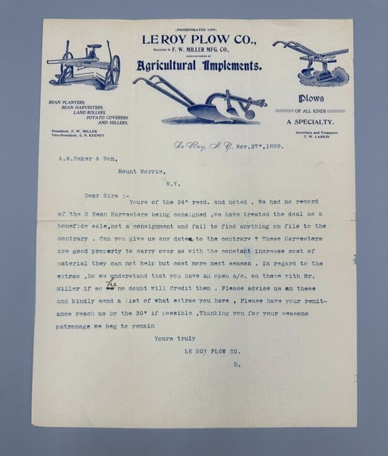 1899 LE ROY PLOW New York FARM Agricultural Implements Letter Antque ADVERTISING