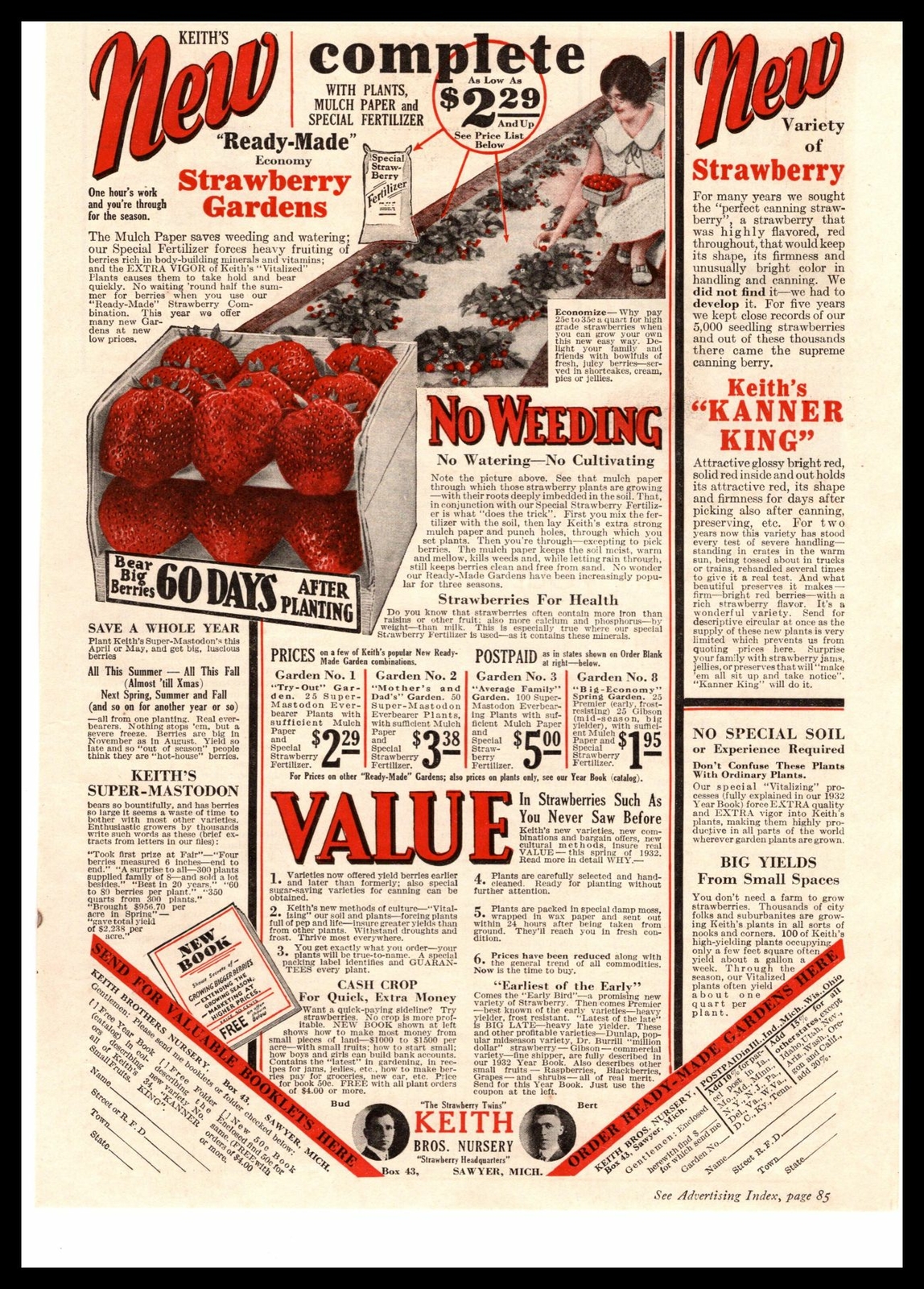 1932 Keith Bros. Nursery « Ready Made » Strawberry Garden Sawyer Michigan Print Ad