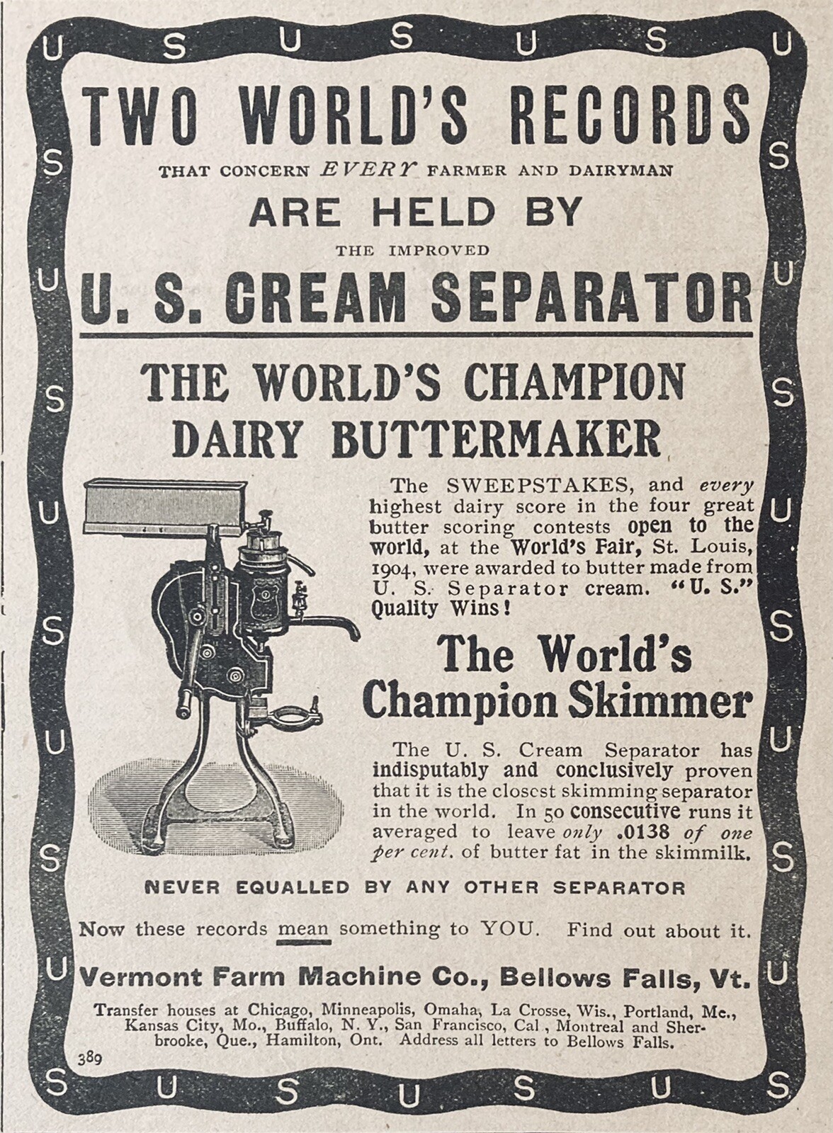 1905 AD.(XH29)~VERMONT FARM MACHINE CO. BELLOWS FALLS, VT. DAIRY BUTTERMAKER