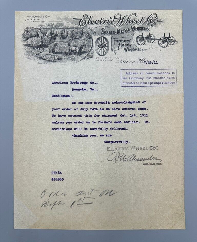1911 ELECTRIC WHEEL Co FARM WAGON Advertising Letter QUINCY Illinois