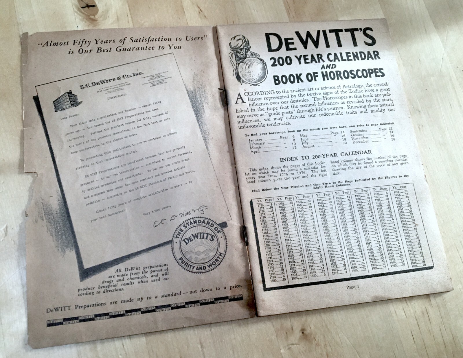 Vintage 1946 DeWitt&rsquo;s 200 Year Calendar Horoscope Book 40s Astrology Collectible