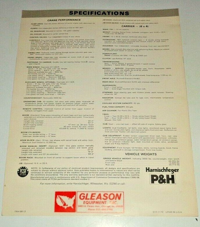 P&H T-150 Truck Crane Features / Specifications Sales Brochure Harnischfeger