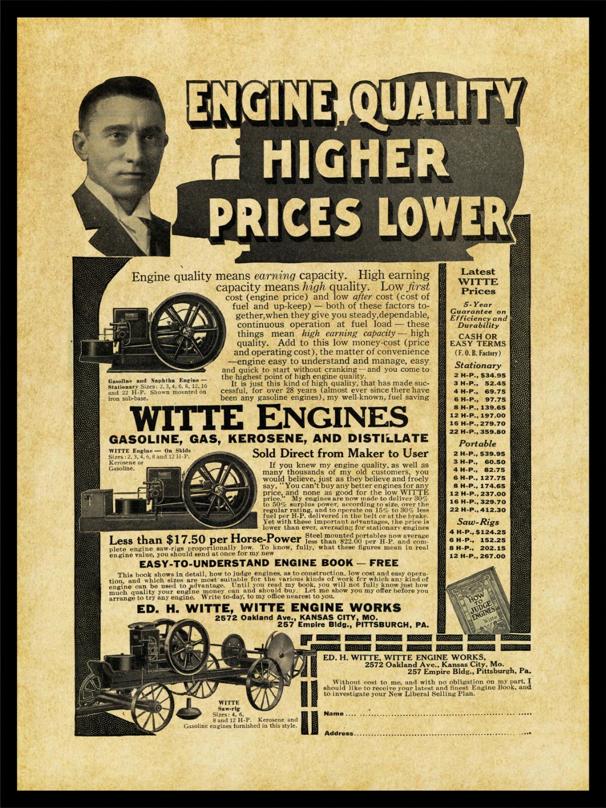 1915 Witte Gas Engine Works NEW Metal Sign: Gas, Oil, Distillate – St. Louis, MO