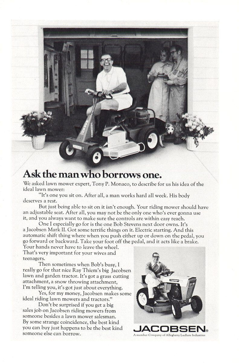 1971 Jacobsen Lawn Mower: Ask the Man Who Borrows One Vintage Print Ad