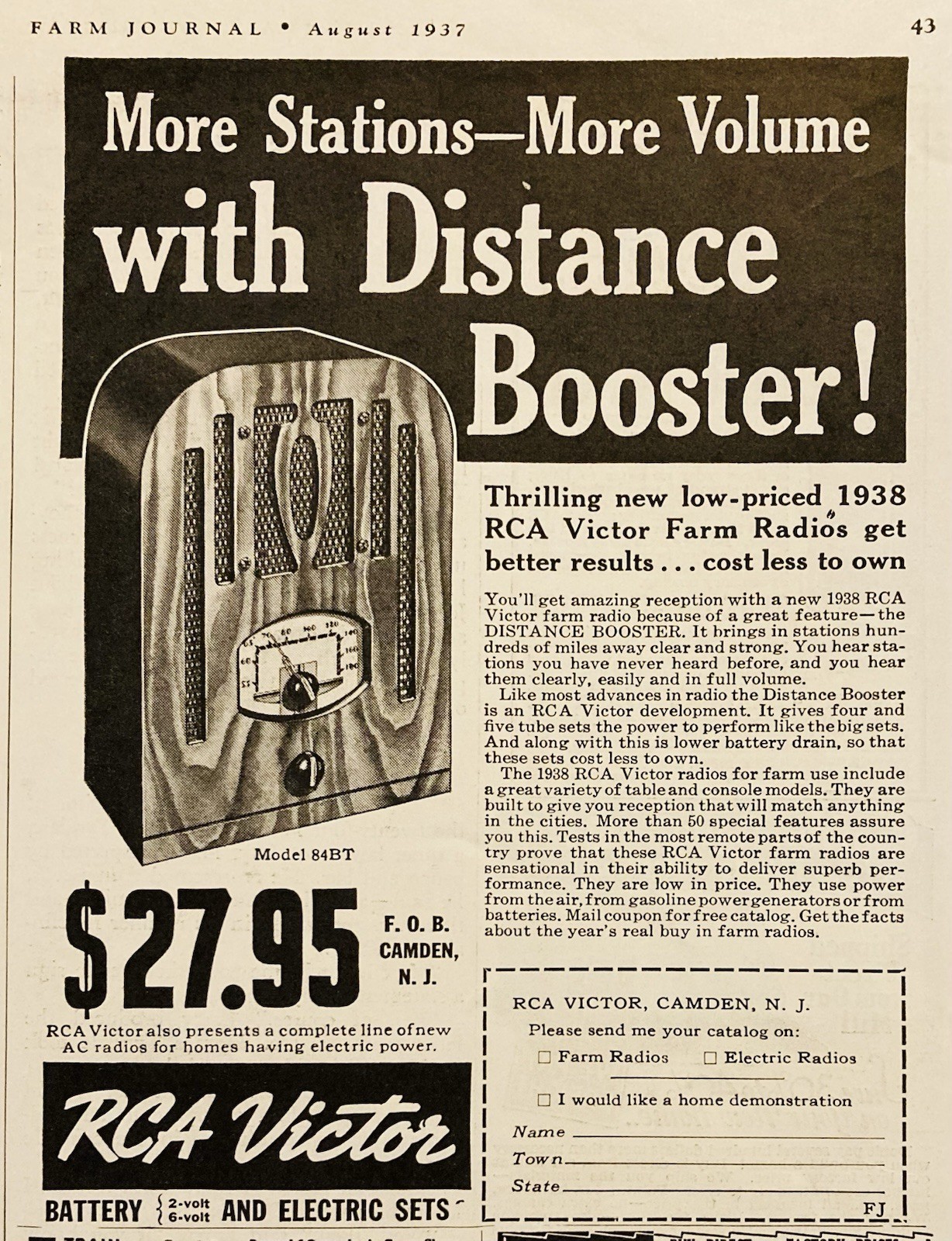 1937 AD.(XH84)~RCA VICTOR CO. CAMDEN, NJ. 84-BT FARM RADIO W/DISTANCE BOOSTER~~