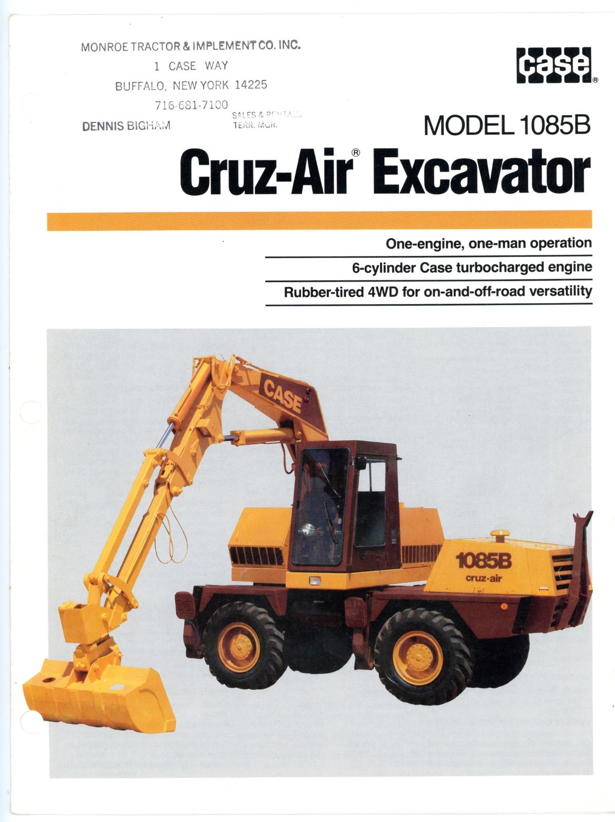 Case 1085B Cruz-Air Excavator 1987 sales brochure