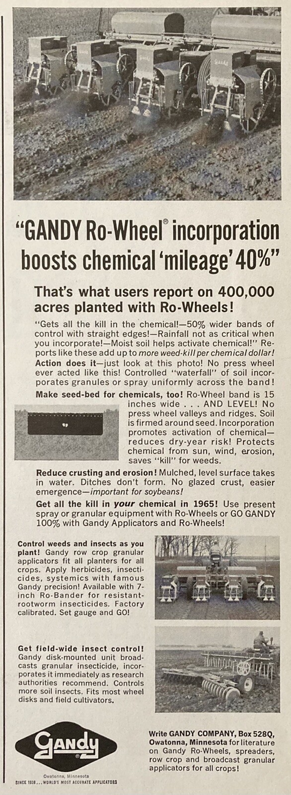 1965 AD.(XH27)~GANDY CO. OWATONNA, MINN. GANDY RO-WHEEL CHEMICAL SPREADER
