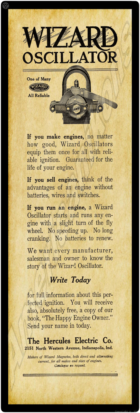 1915 Hercules Electric Co. Metal Sign: Wizard Oscillator – Indianapolis, Indiana